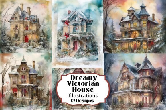 12 Grande Christmas Victorian Homes Illustrations