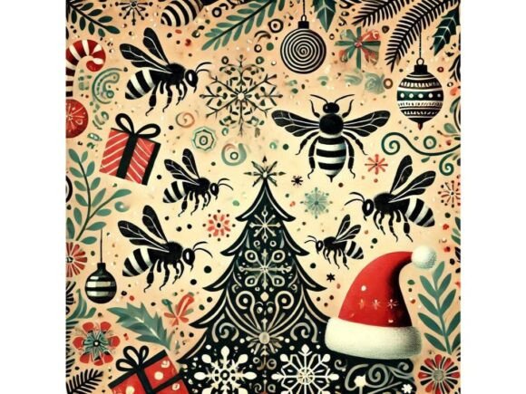 Abstract Christmas Scene with Bees and P Illustrations