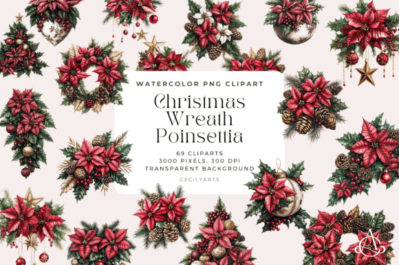 Christmas Wreath Poinsettia Cliparts: Festive Illustrations