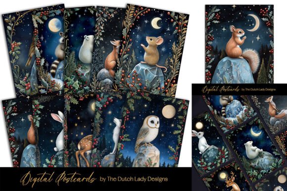 Holly Berry Christmas Animals Card Set Illustrations