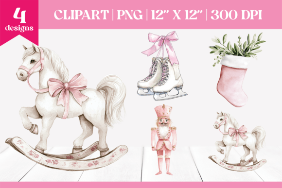 Pink Christmas Rocking Horse Clipart: Illustrations