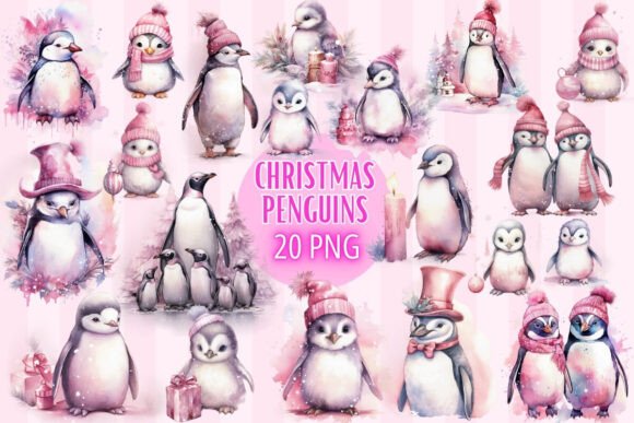 Reviewing Christmas Penguins Pink Watercolor PNG Illustrations