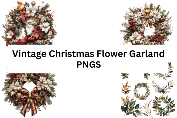 Vintage Christmas Flower Garland PNGs: Illustrations