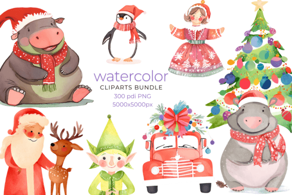 Watercolor Christmas Hippo Illustrations Review