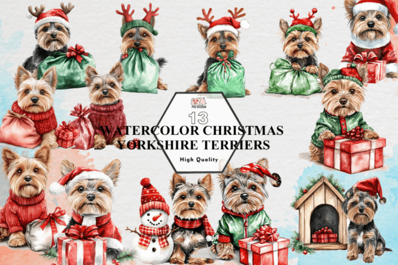 Watercolor Christmas Yorkshire Terriers Illustrations