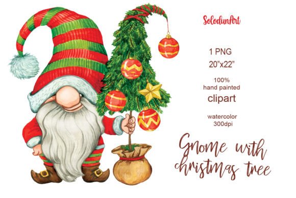 Watercolor Gnome with Christmas Tree Illustrations