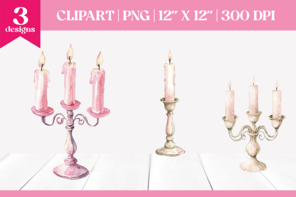 Watercolor Pink Christmas Candlesticks C Illustrations